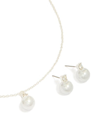 Silver Pearl Pendant Necklace & Earrings Set - link has visual effect only