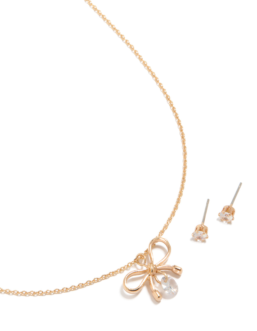 Gold Diamante Bow Pearl Necklace & Plain Stud Earrings Set