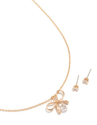 Gold Diamante Bow Pearl Necklace & Plain Stud Earrings Set - link has visual effect only