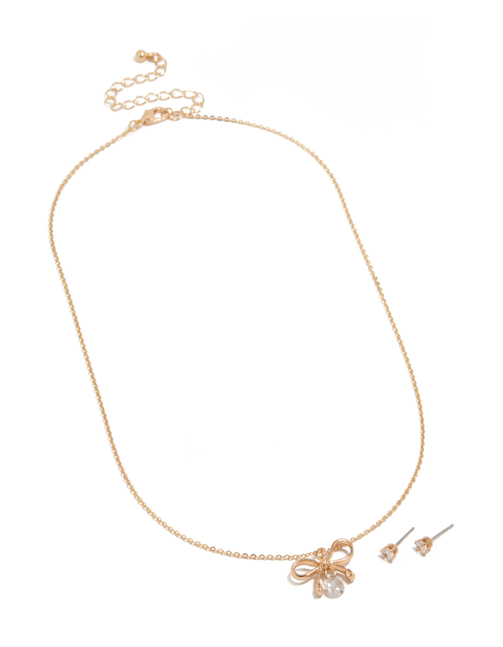 Gold Diamante Bow Pearl Necklace & Plain Stud Earrings Set