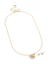 Gold Diamante Bow Pearl Necklace & Plain Stud Earrings Set - link has visual effect only