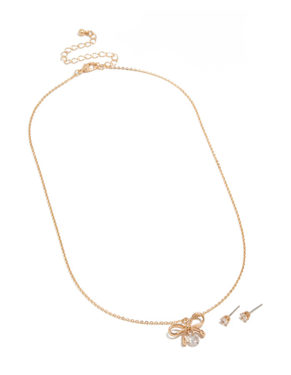 Gold Diamante Bow Pearl Necklace & Plain Stud Earrings Set