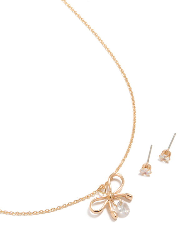Gold Diamante Bow Pearl Necklace & Plain Stud Earrings Set