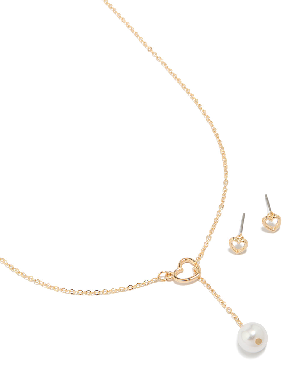 Gold Heart Pearl Necklace & Heart  Earrings Set