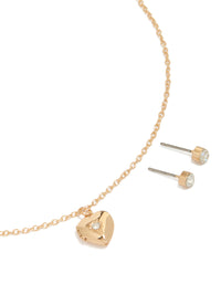 Gold Diamante Heart Locket Necklace & Circle Diamante Earrings Set - link has visual effect only