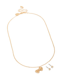 Gold Diamante Heart Locket Necklace & Circle Diamante Earrings Set - link has visual effect only