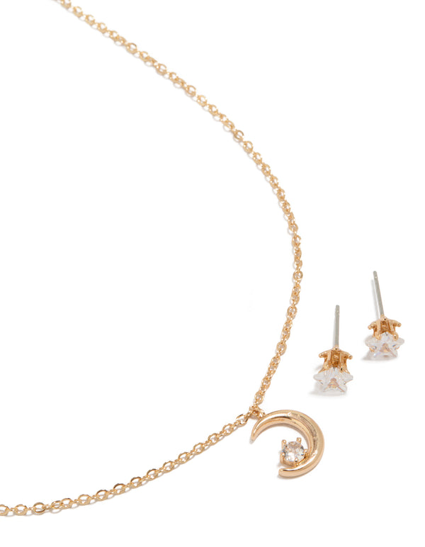 Gold Moon Necklace & Star Earrings Set