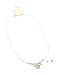 Gold Blue Cord Star Charm Necklace & Blue Diamante Earrings Set - link has visual effect only