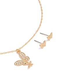 Gold Diamante Butterfly Pendant Necklace & Earrings Set - link has visual effect only
