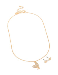 Gold Diamante Butterfly Pendant Necklace & Earrings Set - link has visual effect only