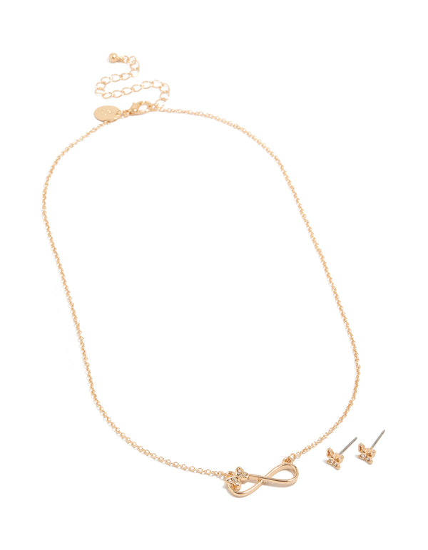 Gold Butterfly Infinity Necklace & Earrings Set