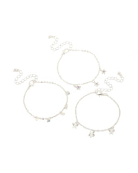 Showcasing silver dainty garden bracelets in a 3-pack featuring butterfly, floral and heart charms front view - link has visual effect only