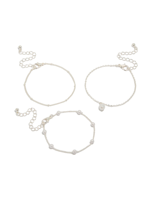 Silver Pearl & Station Drop Bracelets 3-Pack