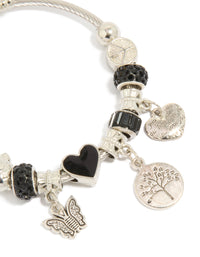 Silver Black Beaded Heart & Tree Charms Bracelet - link has visual effect only