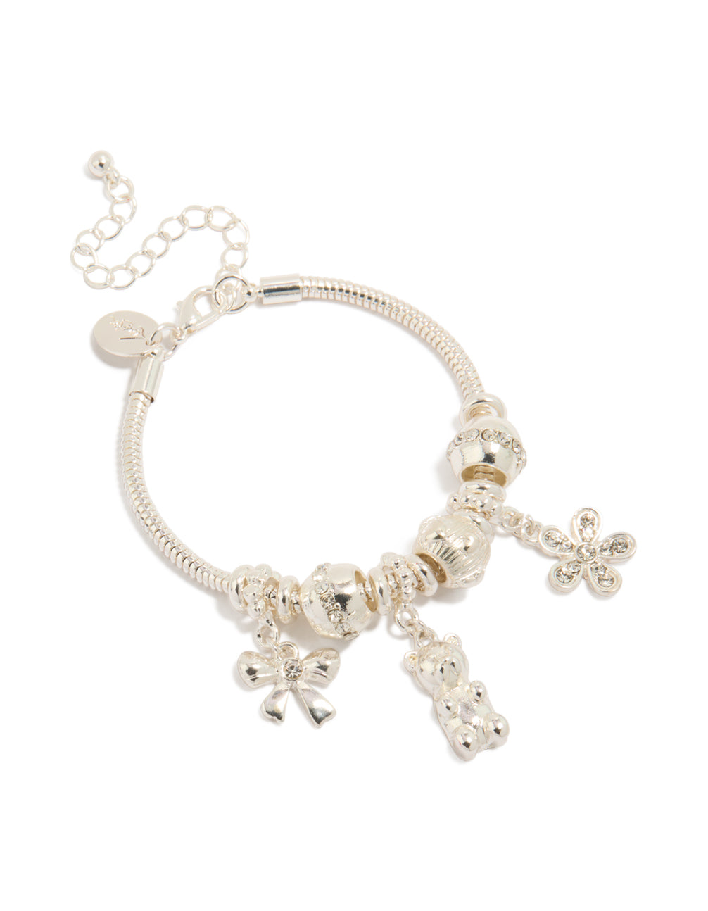 Silver Bear Bow & Flower Charm Bracelet