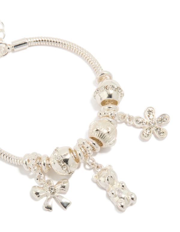 Silver Bear Bow & Flower Charm Bracelet