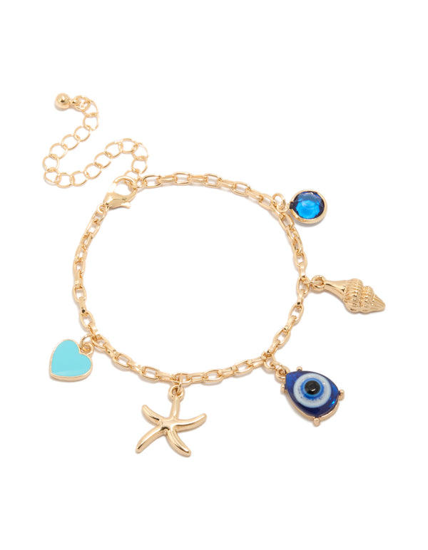 Gold Evil Eye & Shell Charm Bracelet