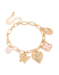 Gold Diamante Heart & Pink Flower Charm Bracelet - link has visual effect only