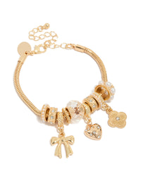 Gold Diamante Heart & Flower Charm Bracelet - link has visual effect only