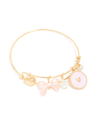 Gold Bow, Heart & Pearl Charm Bangle - link has visual effect only