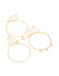 Gold Pearl & Diamante Charm Bracelets 3-Pack - link has visual effect only