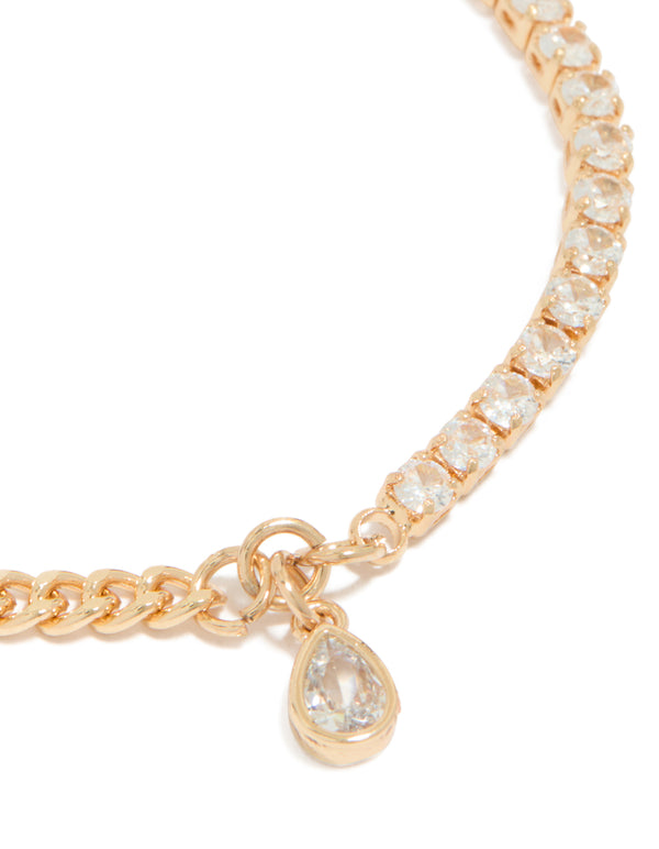 Gold Half Teardrop  Cubic Zirconia Tennis & Half Chain Bracelet