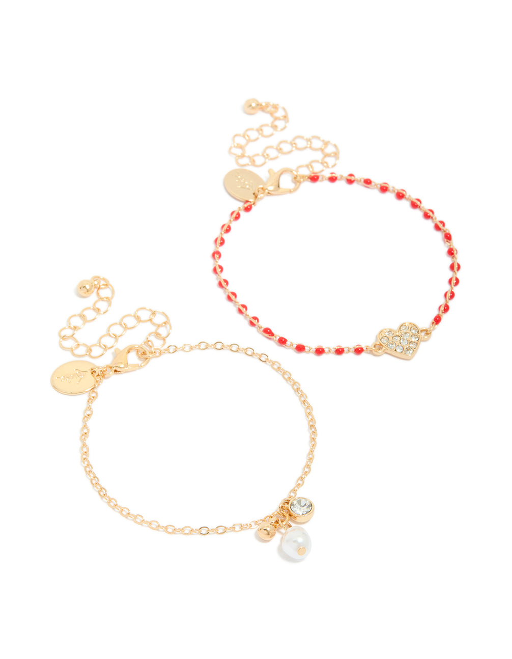 Showcasing gold red beaded diamante heart and pearl bracelets in a 2-pack with charm details front view