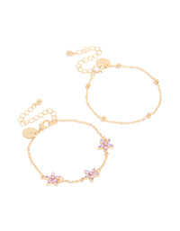Showcasing beaded chain bracelets with diamante lavender floral feature in a 2-pack front view - link has visual effect only