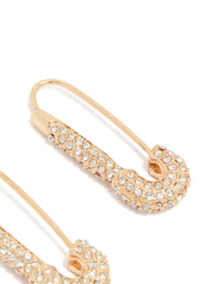 Highlighting gold diamante safety pin hoop earrings with sparkling clear stones showing intricate post detail view - link has visual effect only