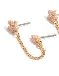 Showcasing gold pink cubic zirconia chain flower and huggie earrings pack with floral featuring crystal embellishments and stud closures close up view - link has visual effect only