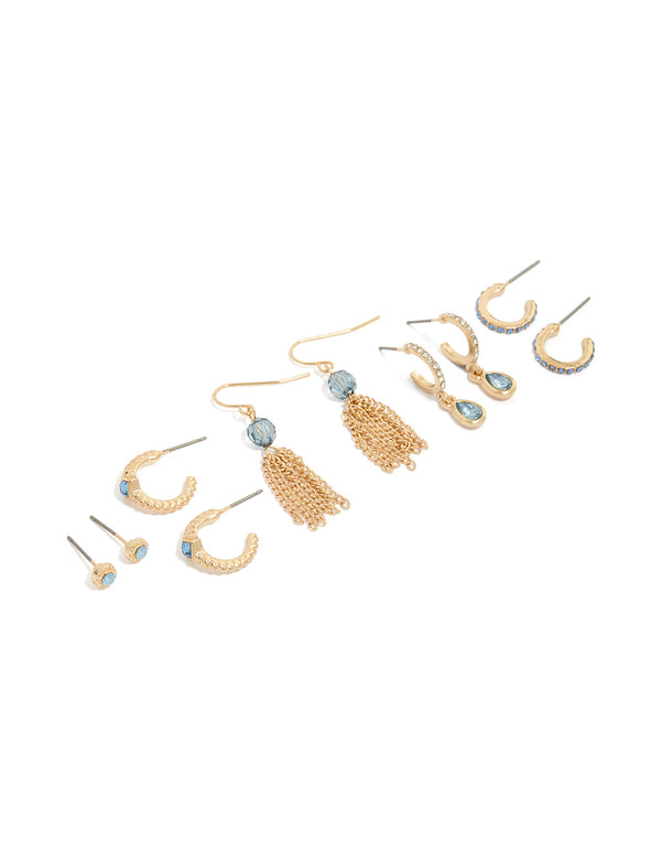 Showcasing gold blue cubic zirconia studs and tassel hoop earrings 5-pack featuring beads with charm details in crystal front view