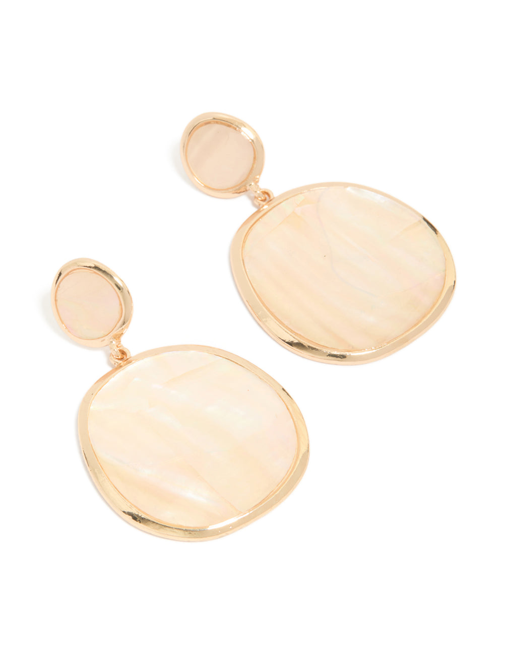 Beautifully designed statement drop earrings featuring genuine shell in pink with ocean-inspired details and gold finish front view