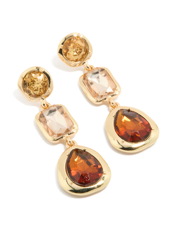 Gold Brown Diamantes Drop Earrings