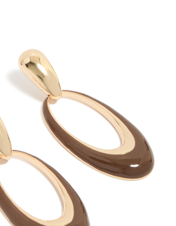 Gold Brown Enamel Oval Drop Earrings