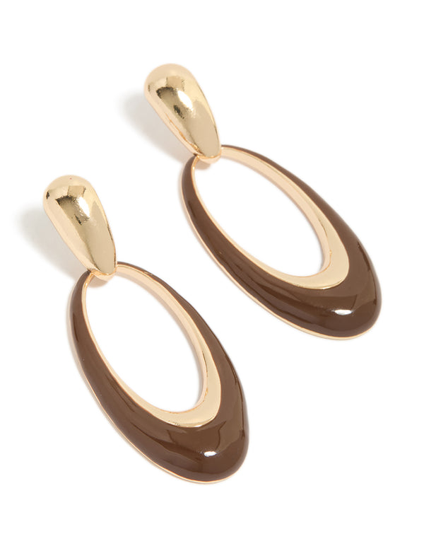 Gold Brown Enamel Oval Drop Earrings