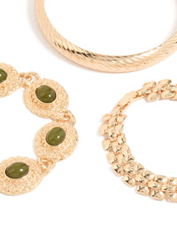 Showcasing beaded and resin bead bracelets with layered gold bangles, 3-pack close up view - link has visual effect only