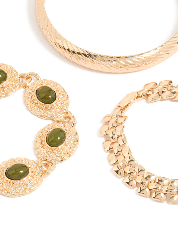 Showcasing beaded and resin bead bracelets with layered gold bangles, 3-pack close up view