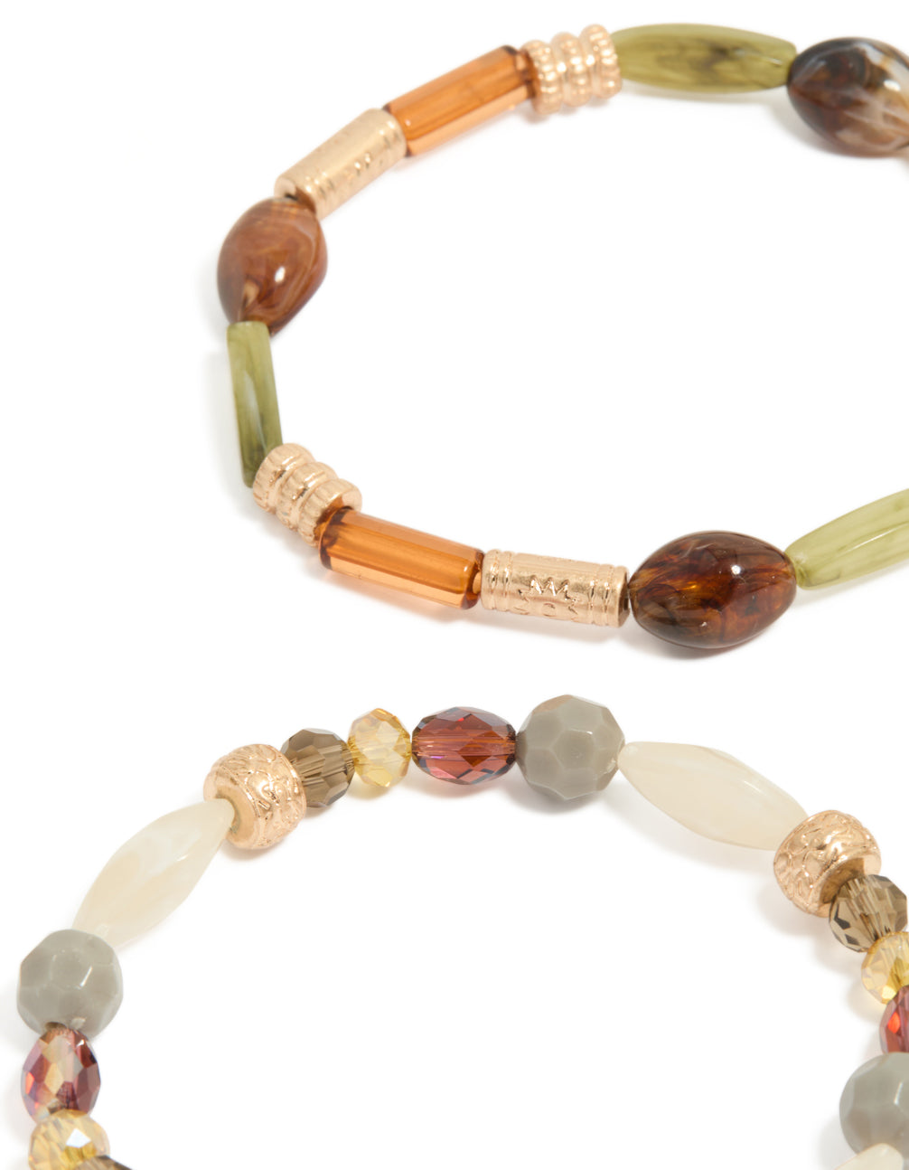 Crafted with neutral acrylic irregular beaded stretch bracelets in a 4-pack, showcasing chunky design in olive, orange, and sienna close up view