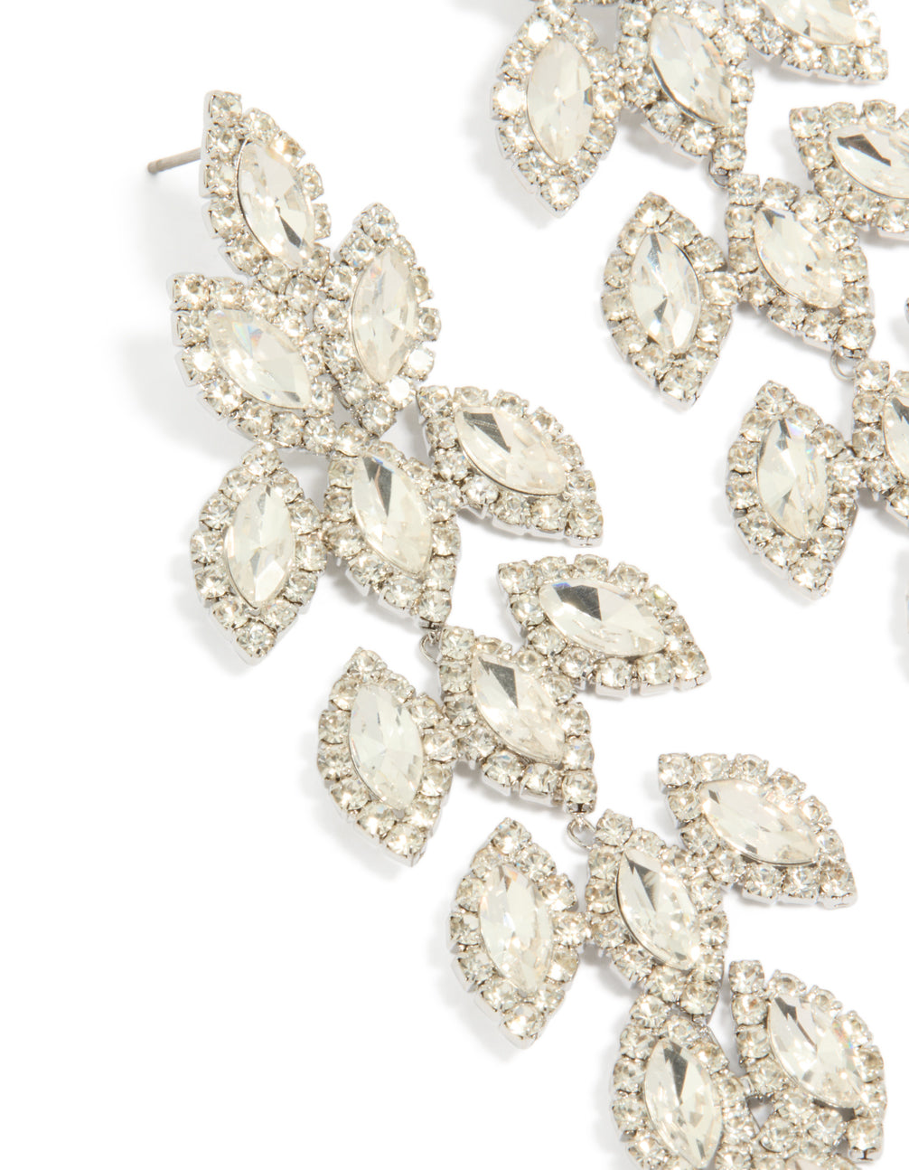 Elegant diamante gleaming drop earrings crafted with marquise cut stones and leaf motifs in silver close up view