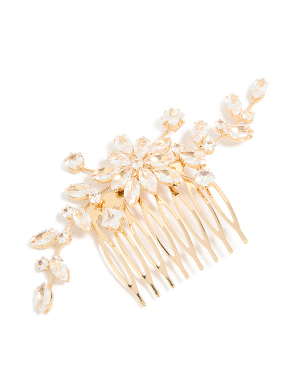 Featuring a gold diamante floral statement comb with clar accents detail view