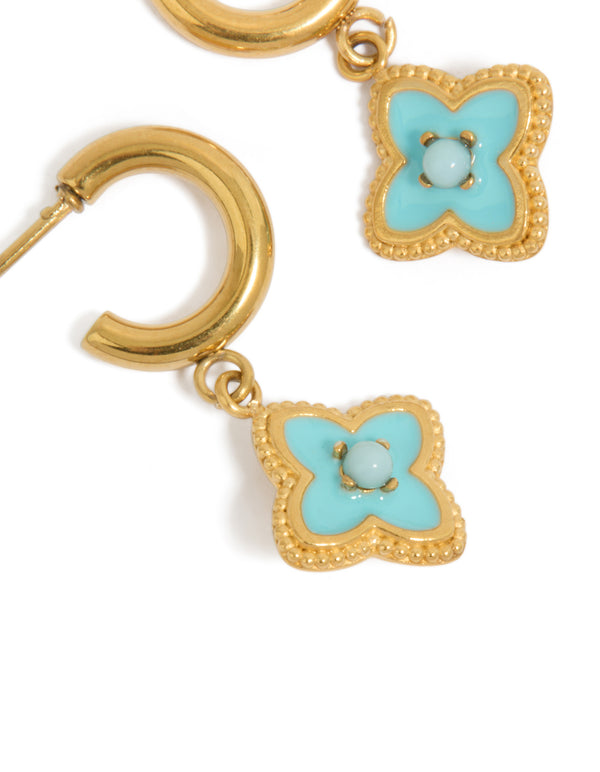 Tweens Gold Plated  Stainless Steel Blue Enamel Flower Open Hoop Earrings
