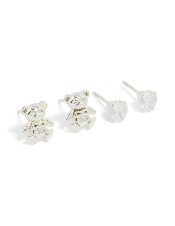 Showcasing stainless steel 3D animal bear and cubic zirconia stud earrings 2-pack with waterproof crystal in silver, white, and gold front view