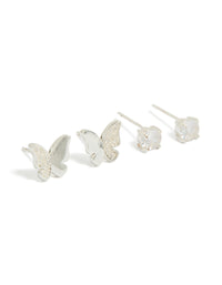 Charming stainless steel butterfly stud earrings with glitter accents, cubic zirconia stones, waterproof 2-pack in silver and clear stone front view - link has visual effect only
