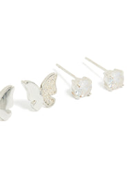 Showcasing stainless steel butterfly stud earrings, detailing cubic zirconia embellishments, waterproof 2-pack in silver and clear close up view - link has visual effect only