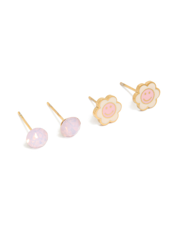 Tweens Gold Plated Stainless Steel Smiley Stud Earrings 2-Pack
