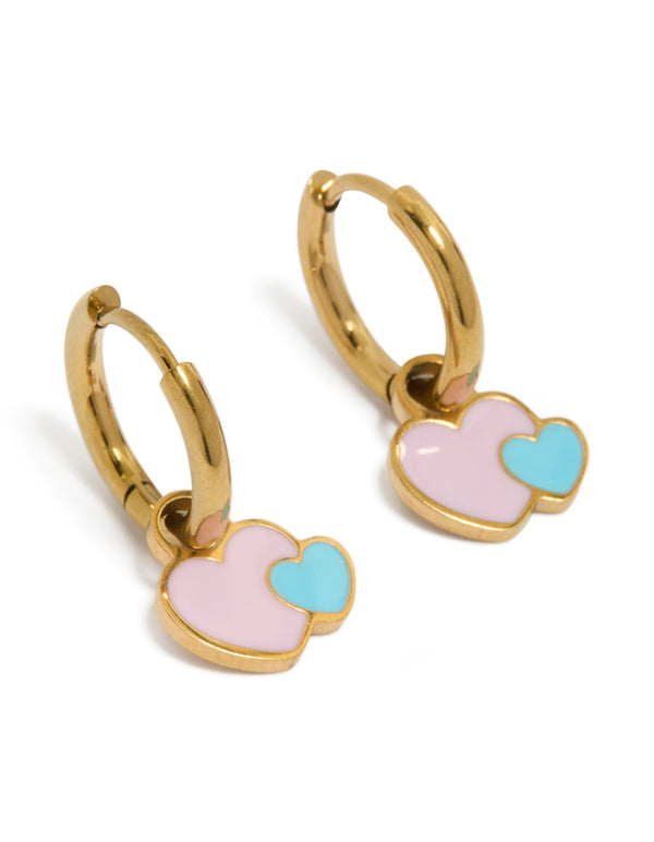 Explore these huggie earrings featuring double heart charm in gold plated stainless steel with waterproof enamel, hoop closure, and gold with pink and sky blue colors front view