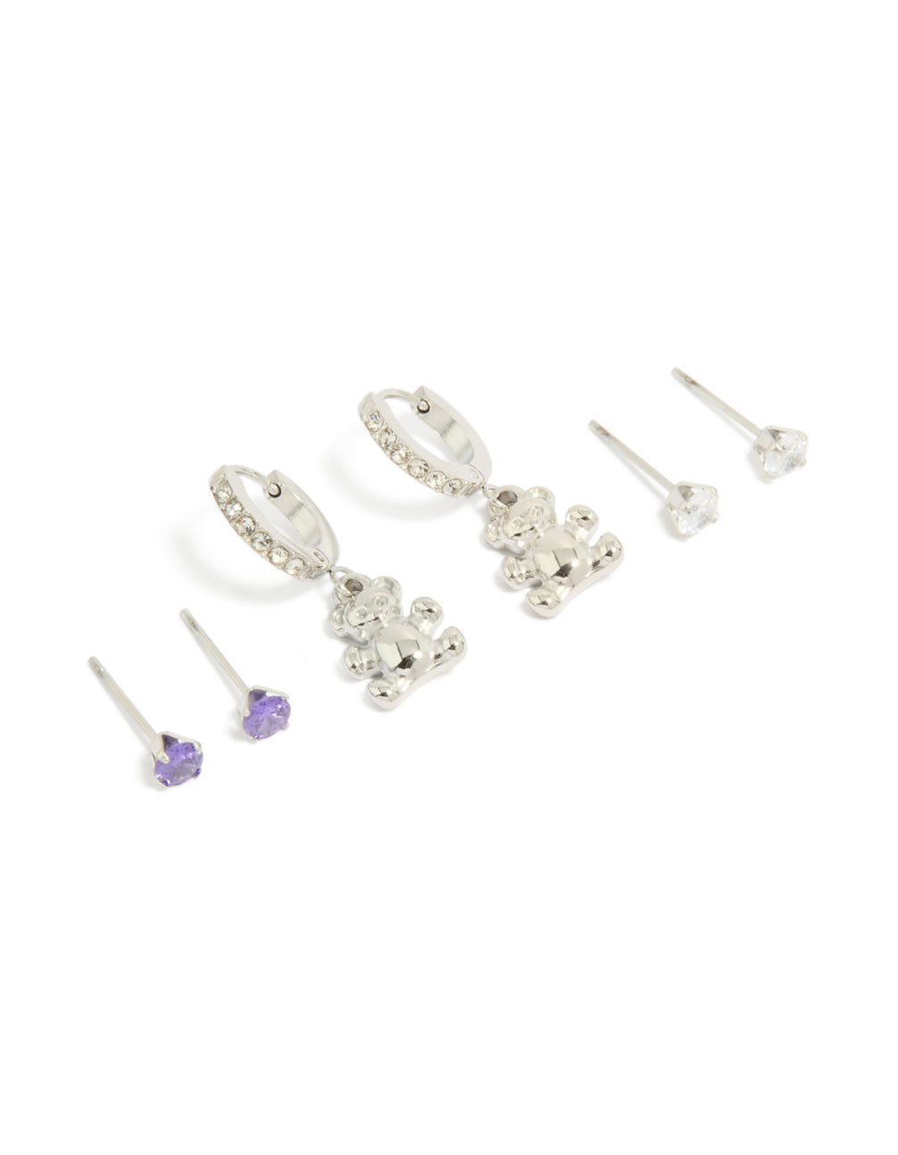 Explore this stainless steel bear earrings 3-pack featuring cubic zirconia crystals with waterproof huggie and stud closures in silver, blueviolet, and white front view