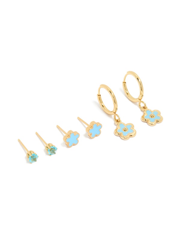 Tweens Gold Plated Stainless Steel Blue Enamel Flower Stacking  Earrings 3-Pack