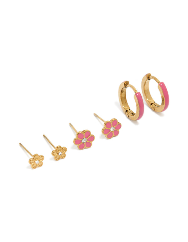 Showcasing floral pink enamel stainless steel waterproof stud and huggie closure stack pack in gold front view