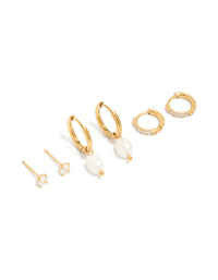 Showcasing gold plated stainless steel huggie and stud earrings with, cubic zirconia, freshwater pearl, crystal, waterproof 3-pack front view - link has visual effect only